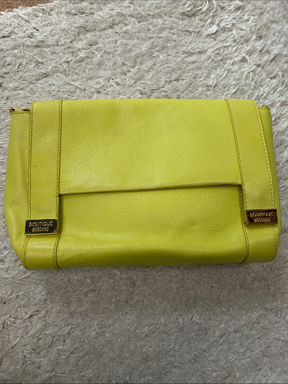 Moschino Neon Yellow Leather Clutch with Gold-Tone Accents